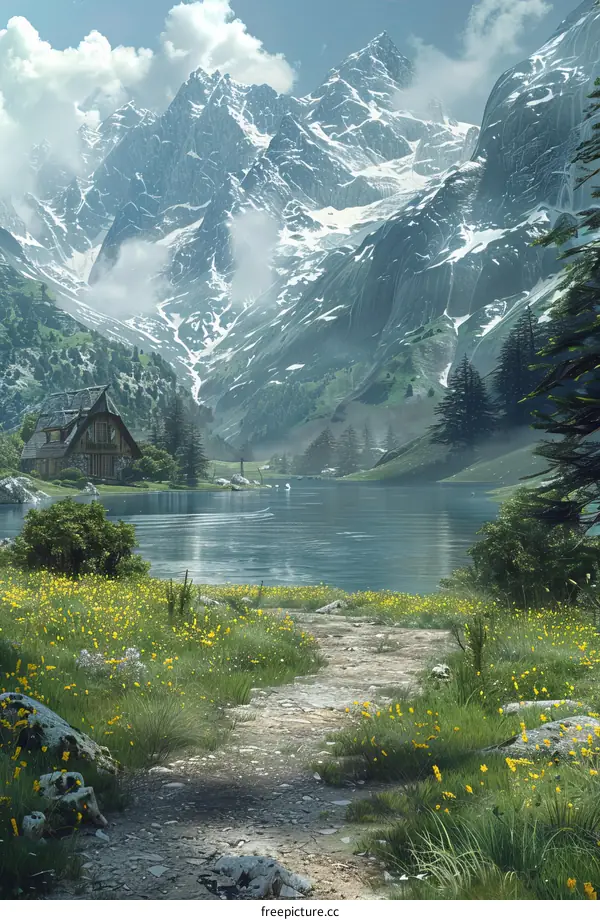 Tranquil Mountain Lake with Snowy Peaks