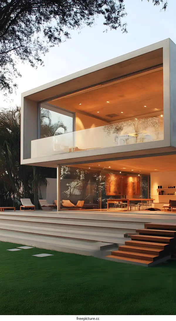 Modern House with Glass Walls and Wooden Steps