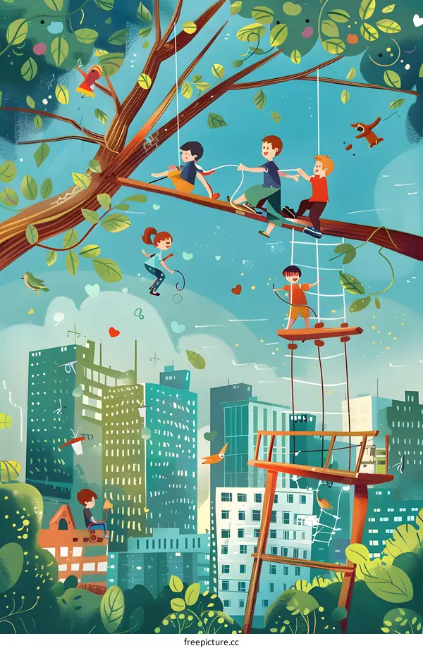 Children Playing on Tree Branches and Rope Swings in Cityscape