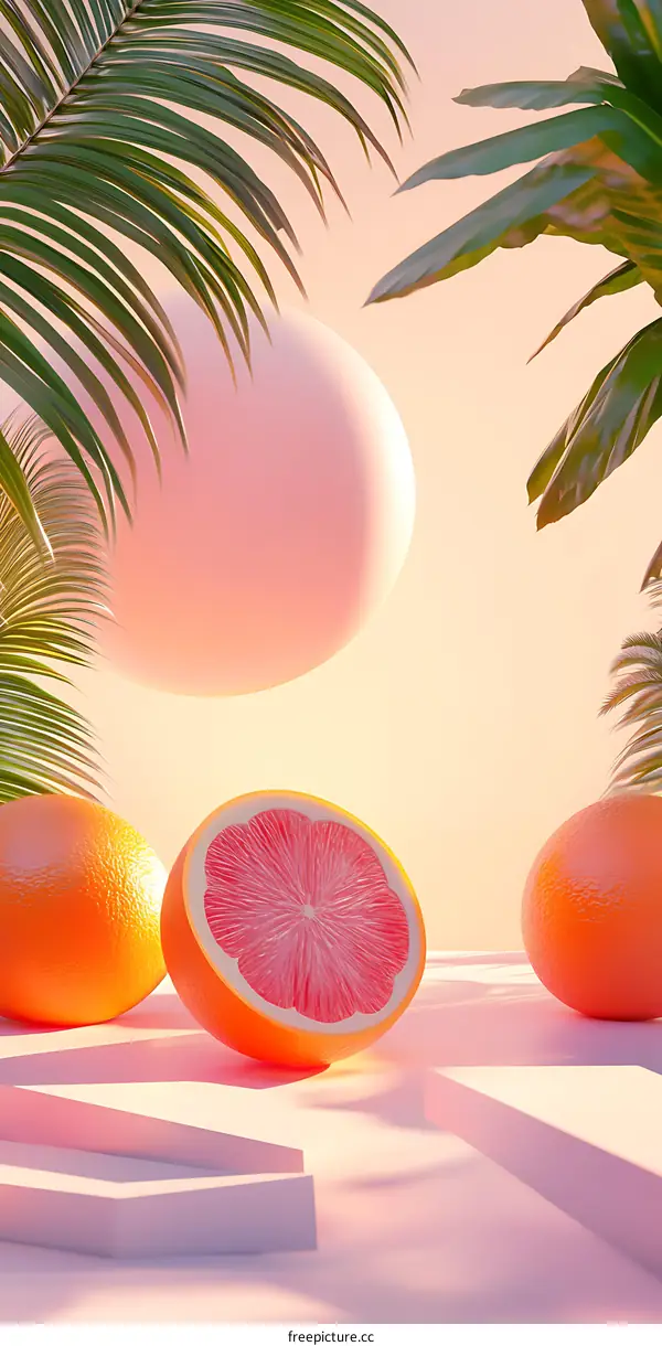 Tropical Fruit Minimalist Still Life with Palm Leaves