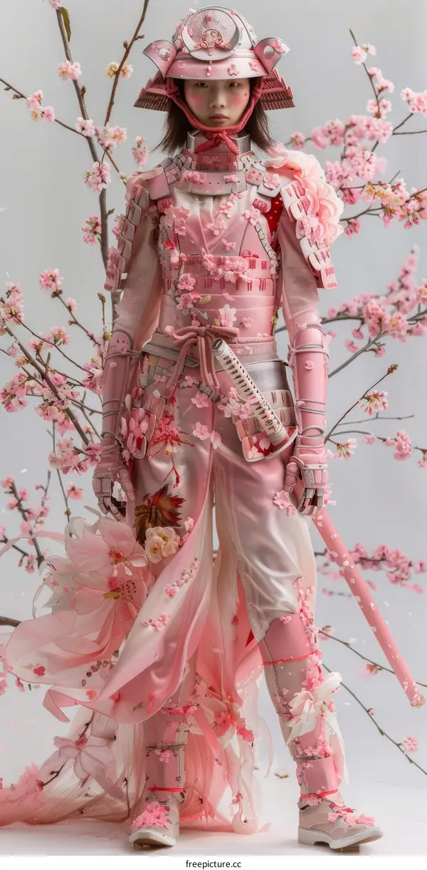 Female warrior in pink samurai armor stands in a field of cherry blossoms