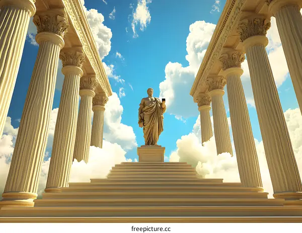 Golden Statue of a Man Standing on Stairs in Front of Columns