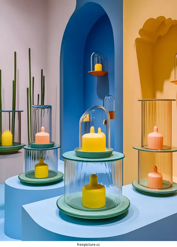 Glass Candle Holders with Yellow and Pink Candles in a Modern Interior