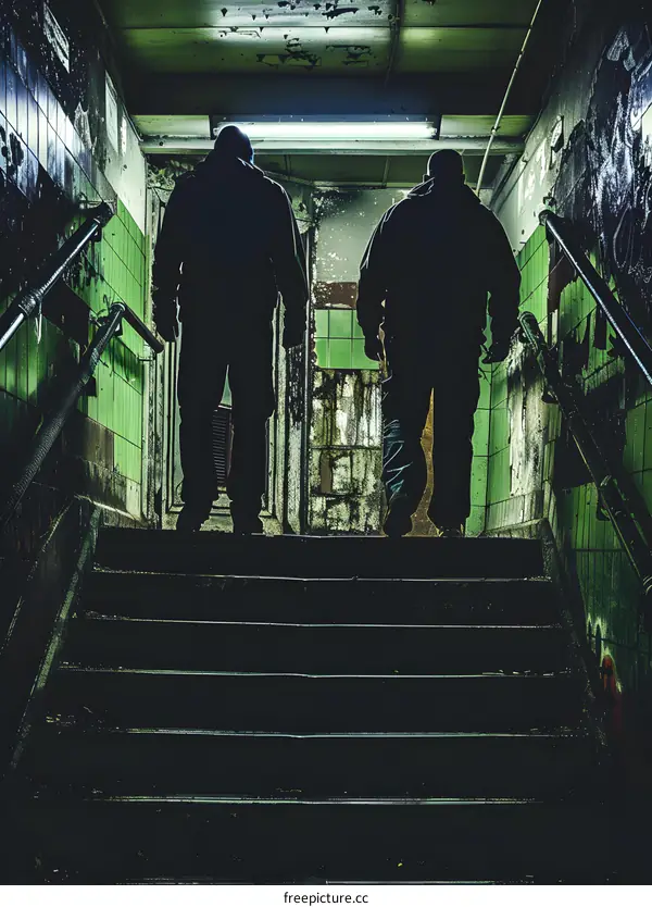 Two Men Walking Up The Stairs In A Dark, Abandoned Building