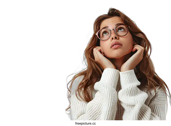 [Transparent Background PNG]portrait of a young girl wearing glasses looking up