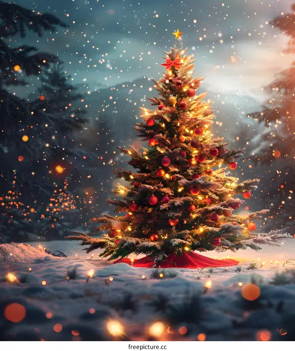 Christmas tree shining in the snow
