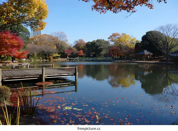 A photo of a park with a pond, trees, and a bridge