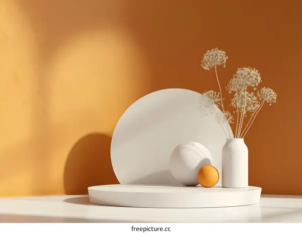 White and Orange Geometric Shapes Product Display Stand With Dried Flowers