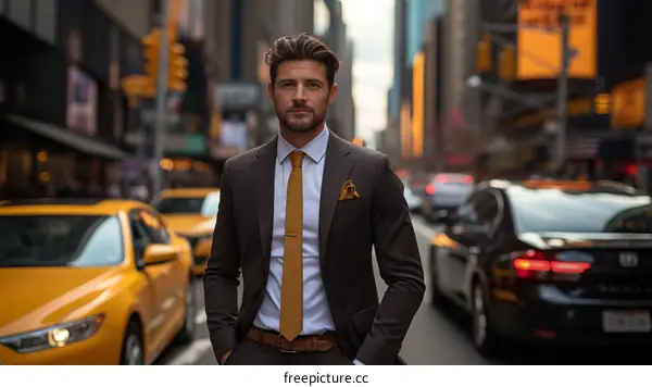 Confident businessman standing in the middle of a busy city street