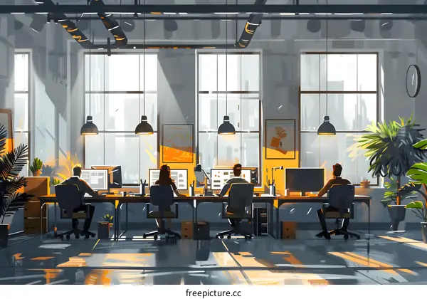 Modern Office Interior Design with Four People Working at Computers