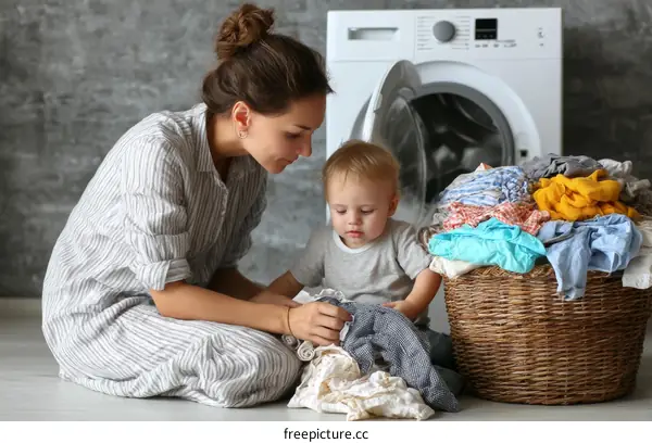 Mother and Child Doing Laundry
