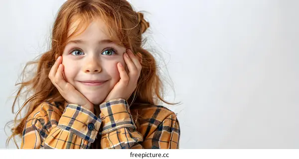 Portrait of a happy redheaded girl in a yellow plaid shirt
