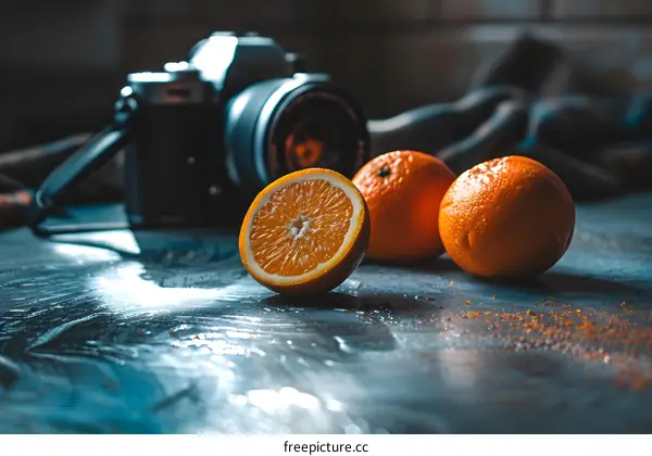 Camera and Oranges on a Table