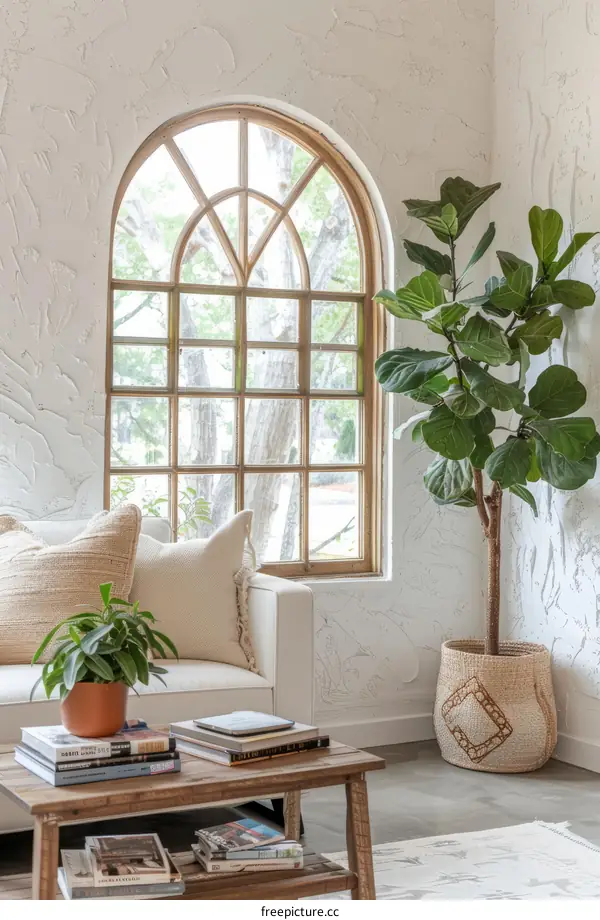Cozy Living Room with Arched Window and Potted Tree