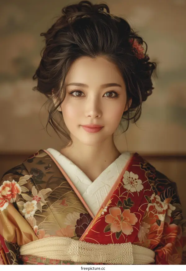 Charming Japanese Woman Wearing a Pink Kimono