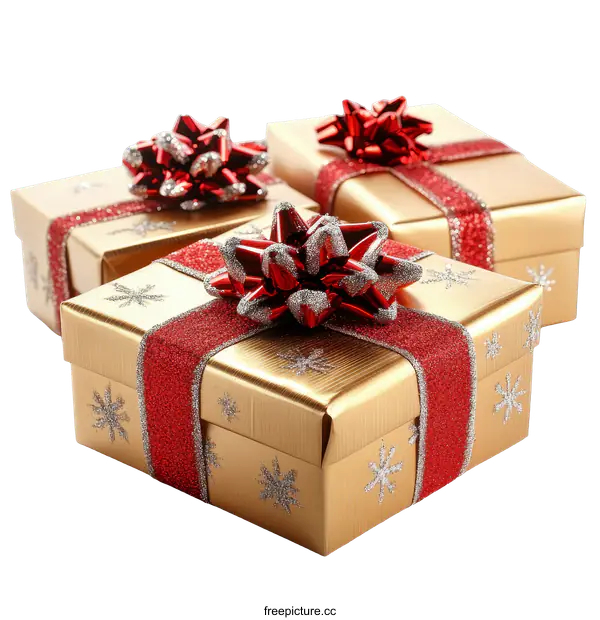 [Transparent Background PNG]Three Christmas Gift Boxes Decorated with Red Ribbons