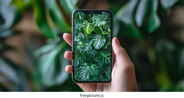 Hand Holding Smartphone with Green Leaves Wallpaper