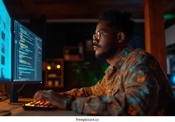 Focused African American programmer working on code in dark room