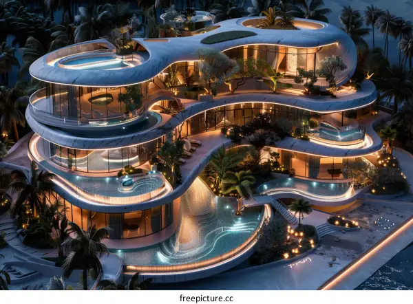 futuristic luxury mansion with pools and gardens