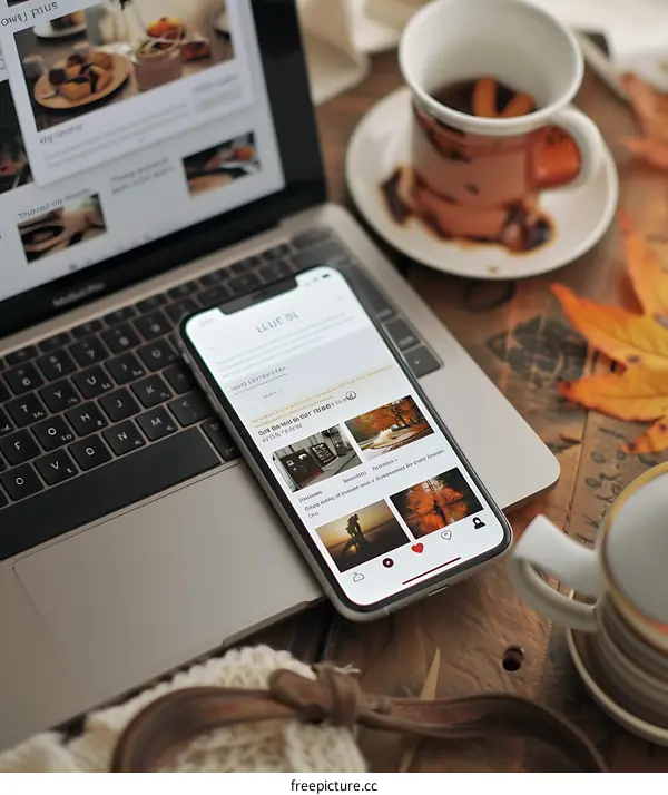 Autumn Leaves Phone Laptop Coffee Wooden Table