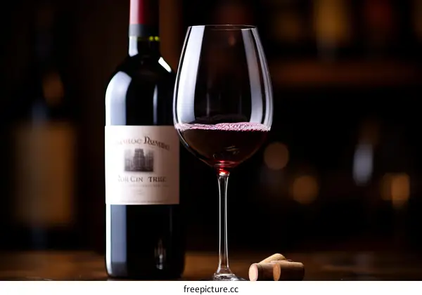 A glass of red wine and a bottle on a wooden table