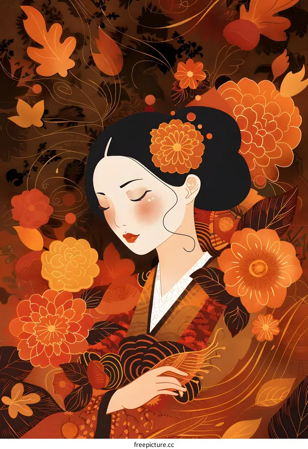 Autumn Floral Illustration Featuring a Woman in Kimono