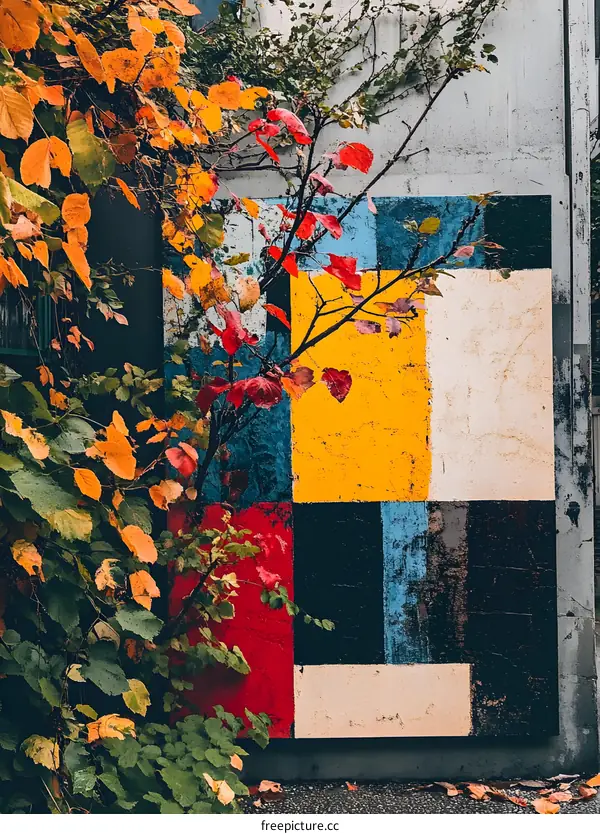 Autumn Leaves and Colorful Geometric Wall Art