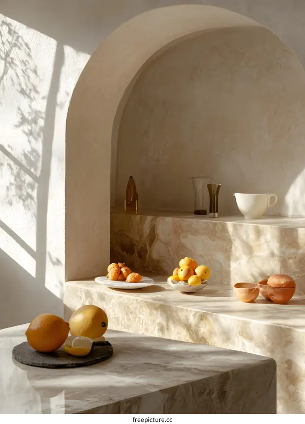 Modern Kitchen Interior with Arched Wall and Marble Countertops