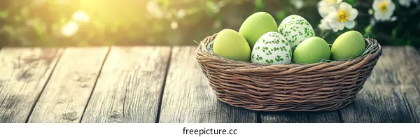 Easter Eggs in a Rustic Basket on Wooden Table