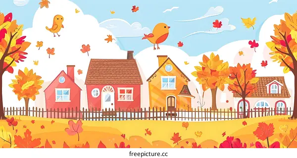 Cute Autumn Illustration With Birds and Houses