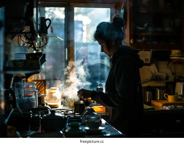 A woman is cooking in a kitchen.
