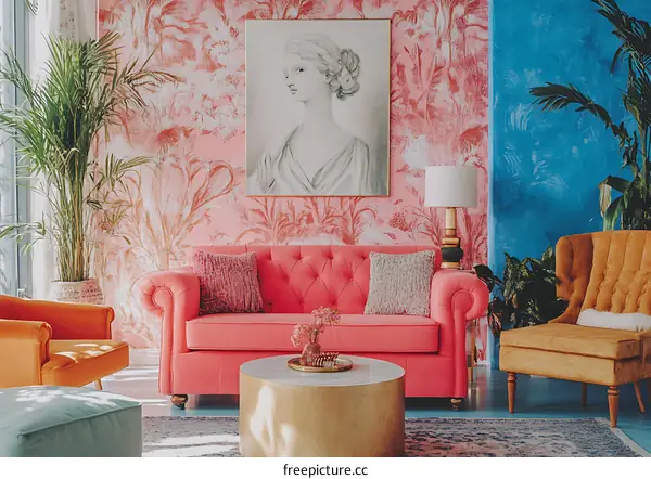 Pink and Blue Living Room Interior Design with a Couch, Chairs, and a Table