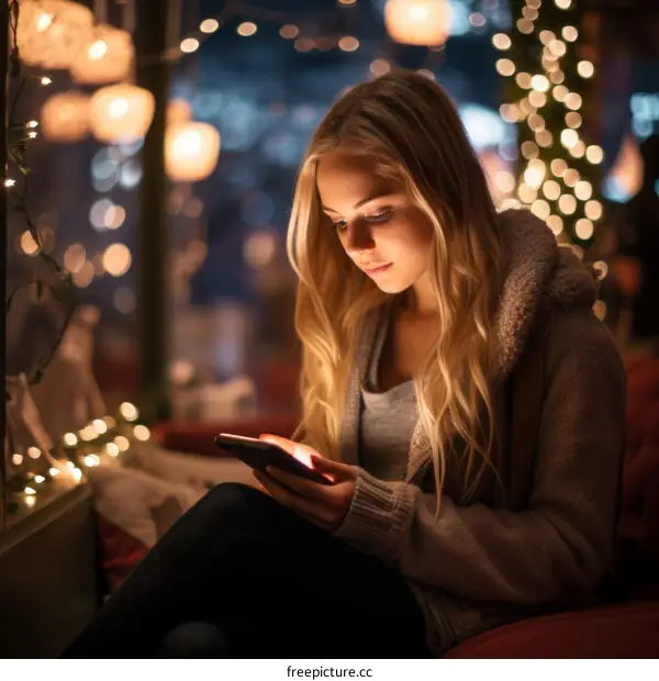 Young woman looking at her phone in a dimly lit room