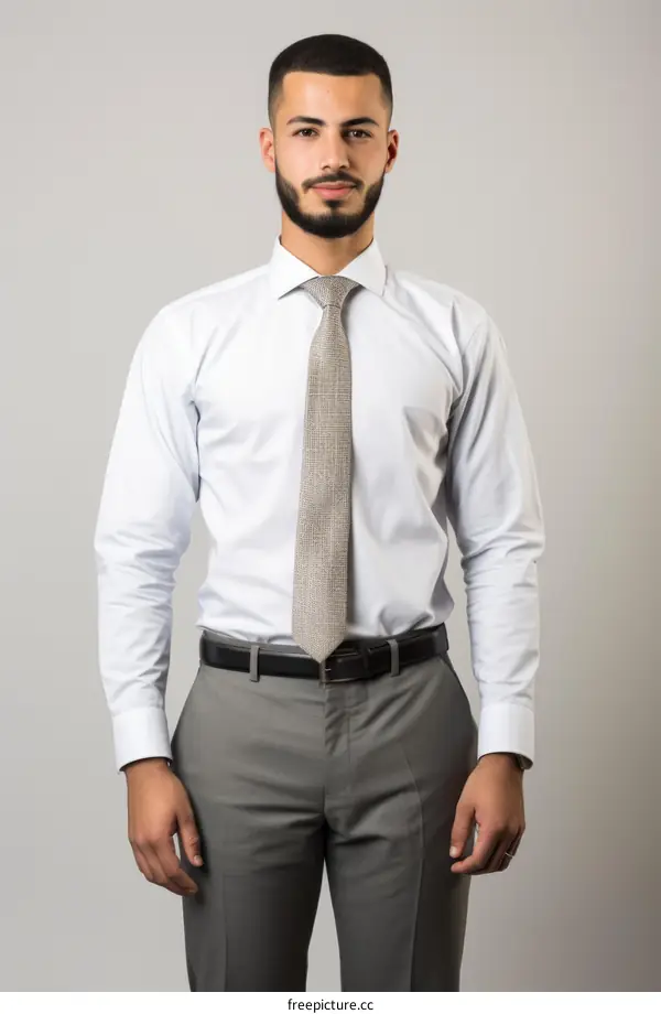 Young man wearing white shirt and gray pants