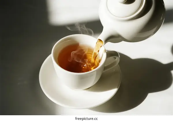 Pouring hot tea into a white ceramic cup on a table