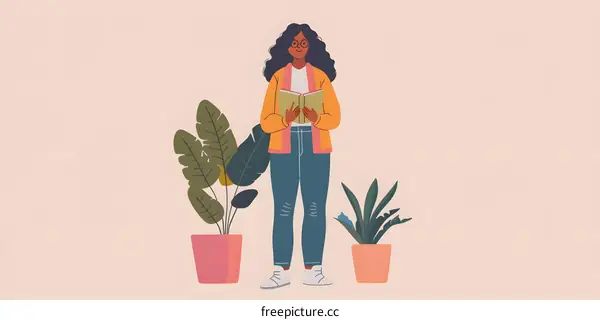 Woman Reading a Book in a Room with Plants