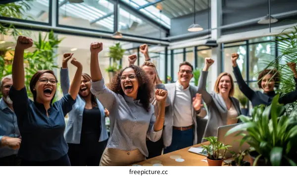 A group of people of different ethnicities are celebrating in an office.