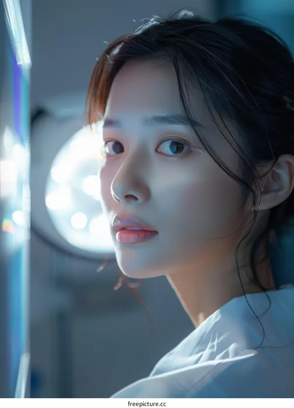 Portrait of a young Asian woman in a white lab coat looking at the camera with a serious expression.