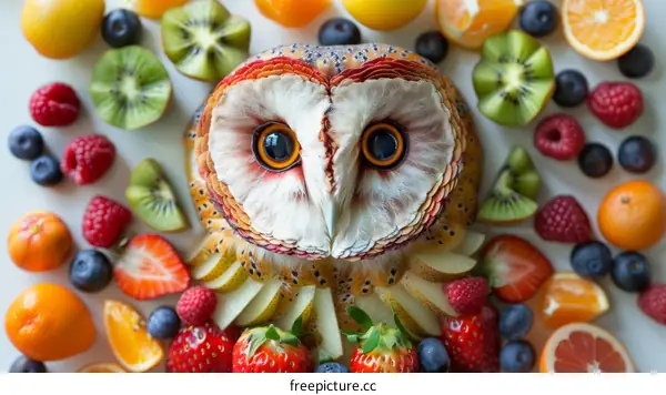 A Fruitful Owl Made of Berries and Oranges