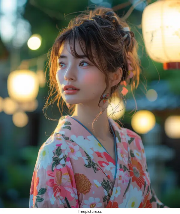 Asian Woman in Traditional Kimono at Dusk