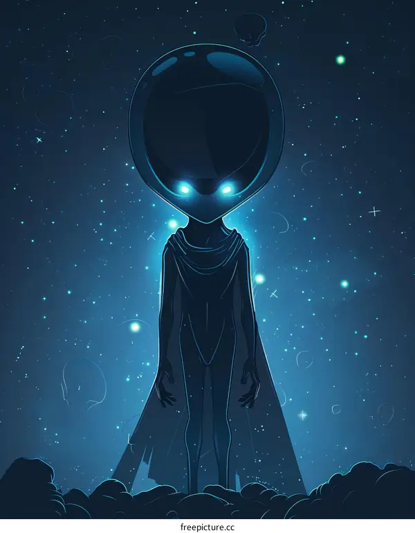 An illustration of an alien wearing a cape and standing on a rocky surface