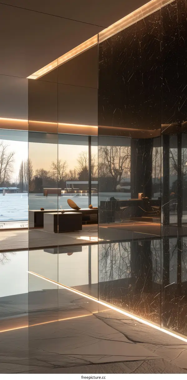 Modern Interior Design with Black Marble Wall and Glass Window