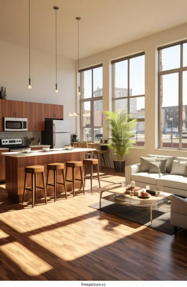 An illustration of a modern living room with a kitchen, dining area, and living area