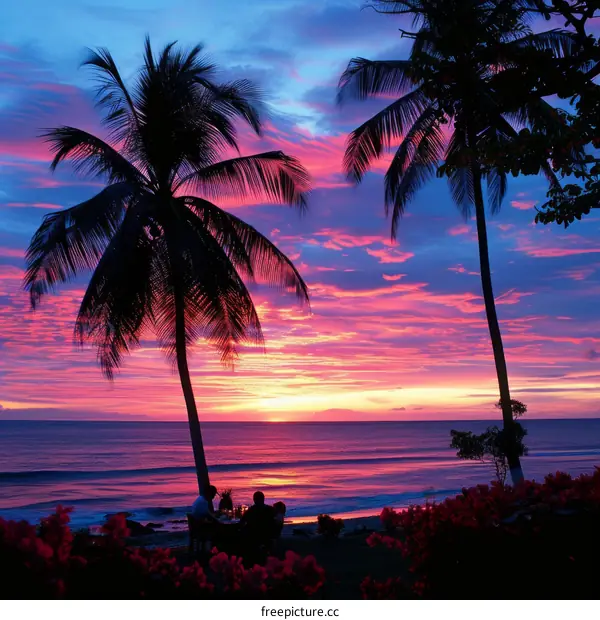A vivid sunset over the ocean with palm trees in silhouette