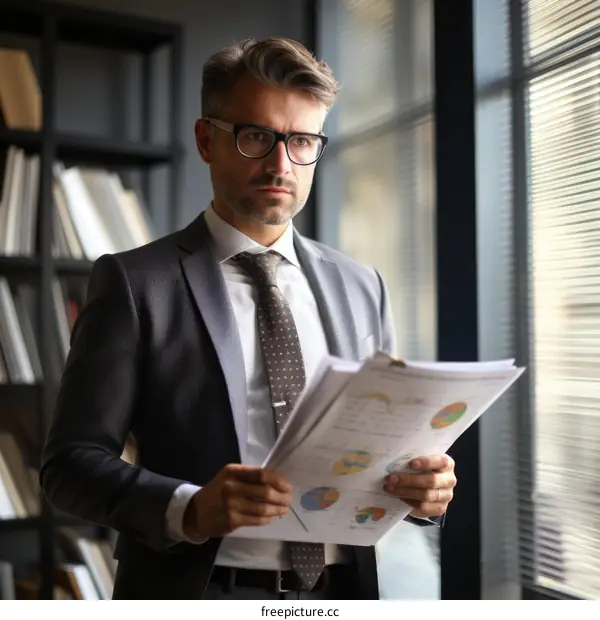 Businessman in suit holding and looking at financial report