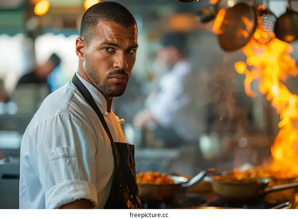 A chef is cooking in a kitchen.