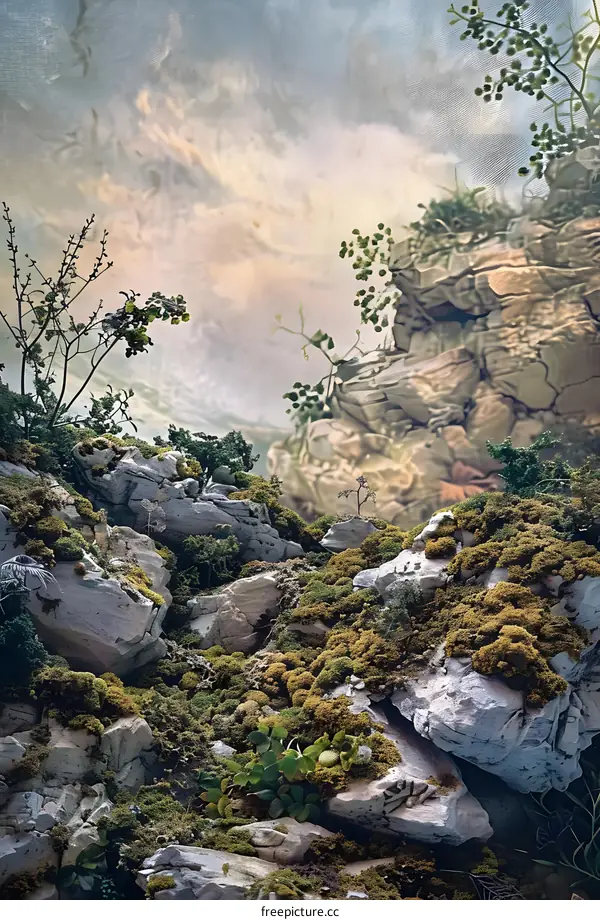 Rocky Mountain Landscape with Green Moss and Plants