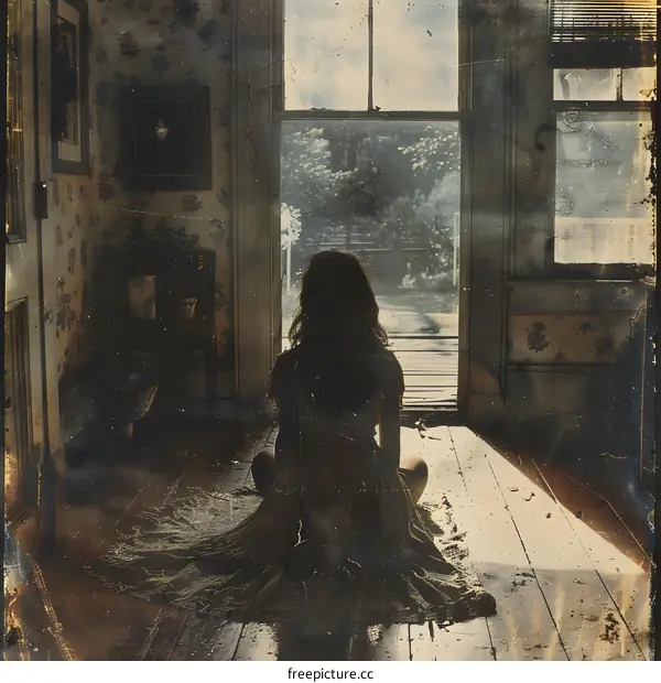 girl sitting back to camera in vintage room