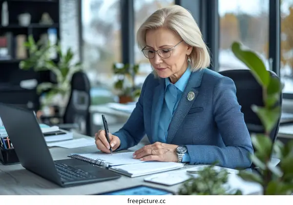 Focused Senior Businesswoman Taking Notes in Modern Office