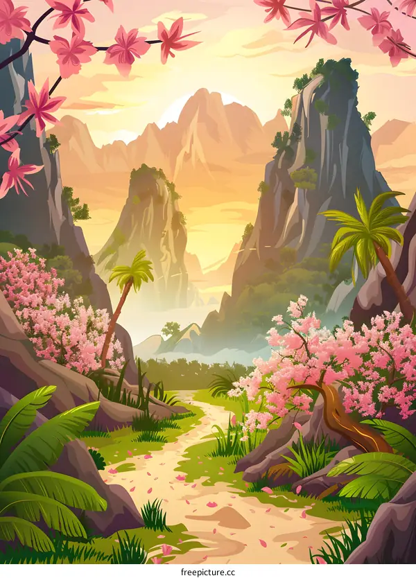 Mountain Landscape with Pink Flowers and Palm Trees